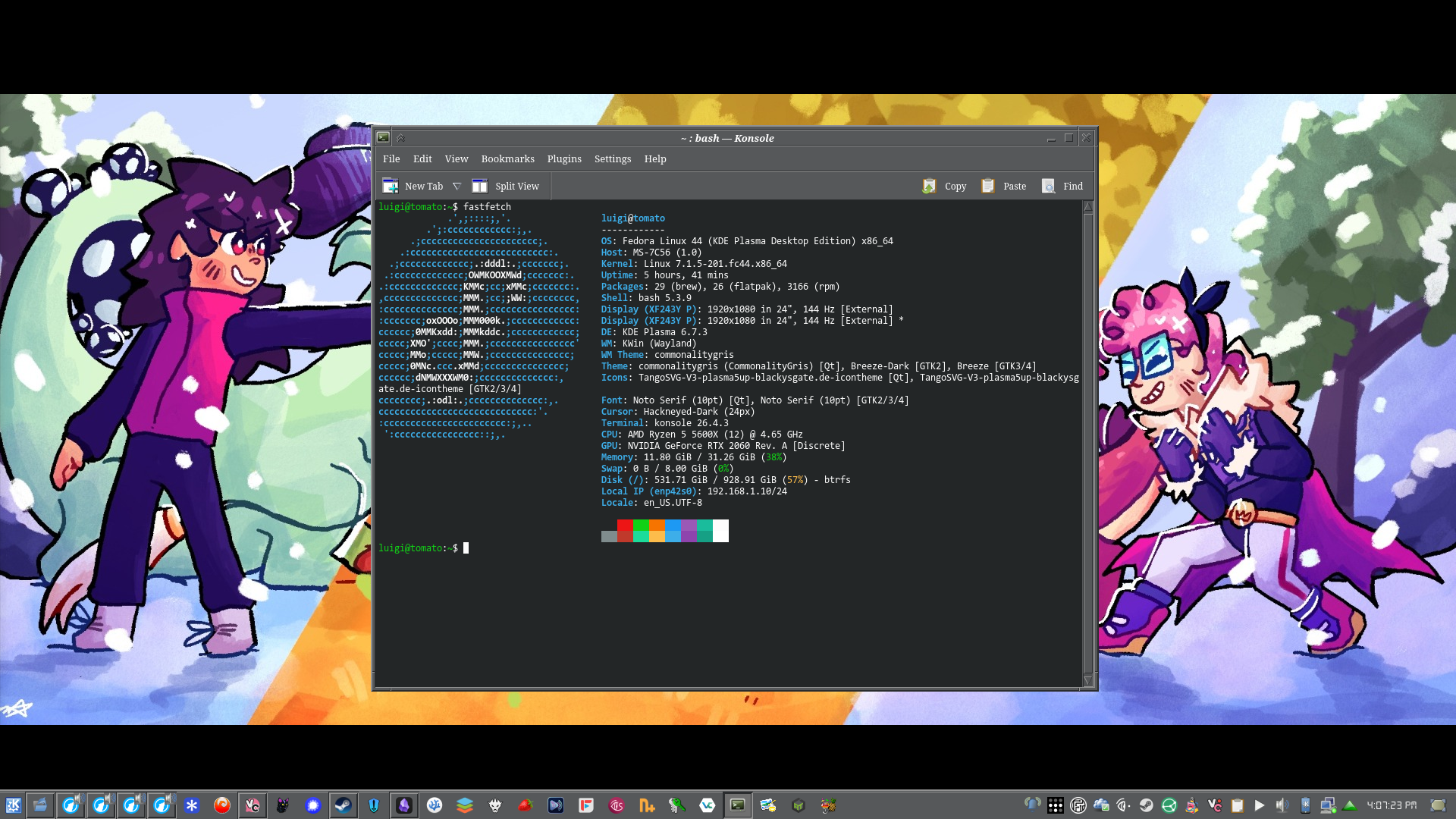 a customized kde desktop, with a terminal, terminal is showing the command 'fastfetch'